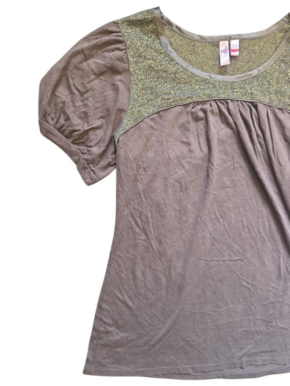 Vintage Y2K Dolled Up By Fang Brown Puff Sleeve Top Metallic Glitter Yoke - XL